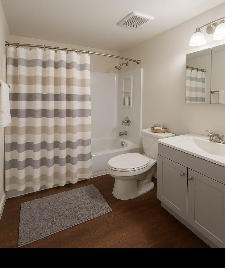 A Leonardtown Village bathroom with a tub and shower, a single-sink vanity, a mirror, and wood-look flooring