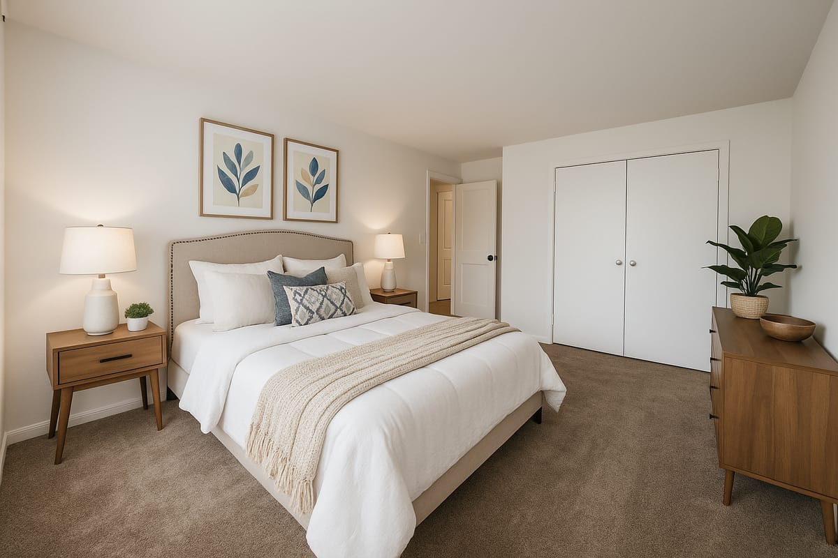 A carpeted Leonardtown Village bedroom with a queen bed, two nightstands, and a double-door closet