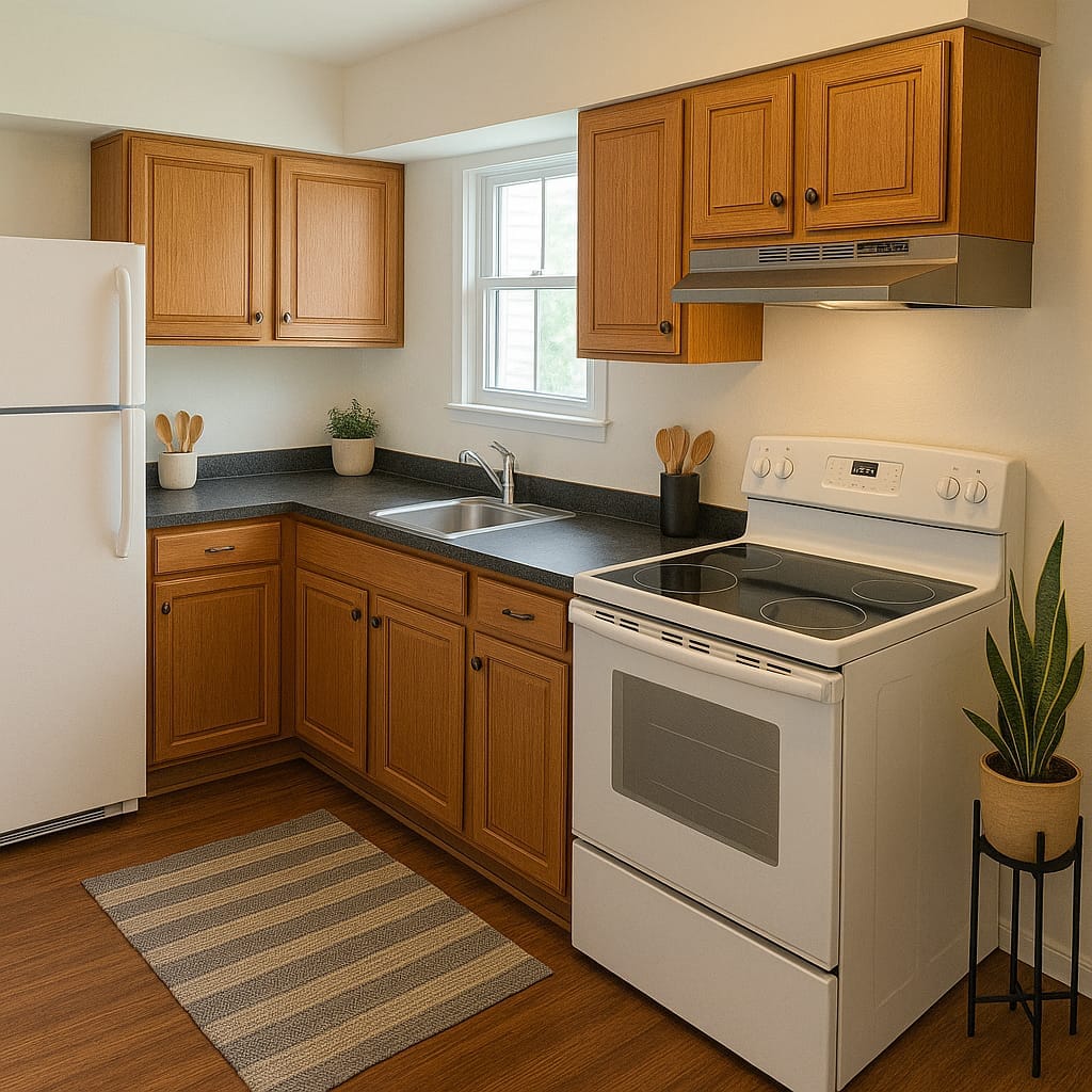 A Leonardtown Village kitchen with oak cabinets, dark laminate countertops, a white refrigerator and electric range, and a window over the sink