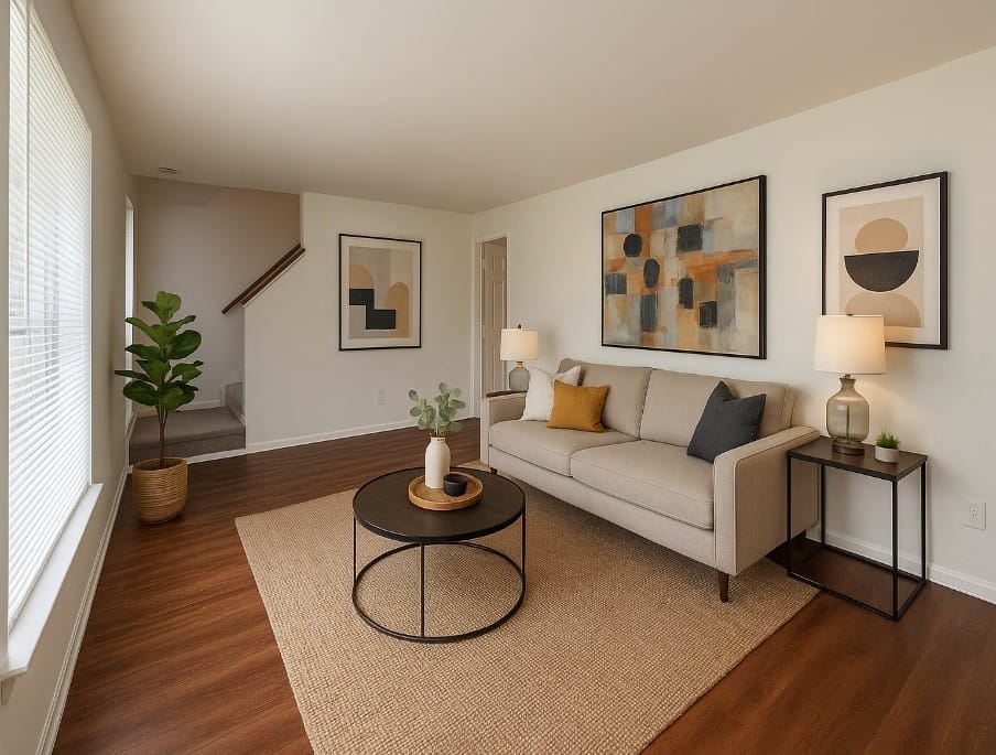 A Leonardtown Village living room with wood-look flooring, a sofa and area rug, and a staircase leading to the second floor